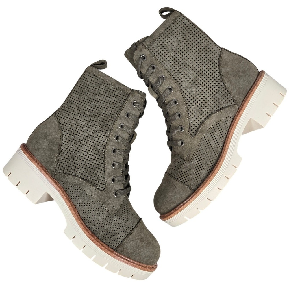 MIA Womens Olive Green Perforated Lace Up Ankle Boots Lug Heel Side Zip 6.5 NEW